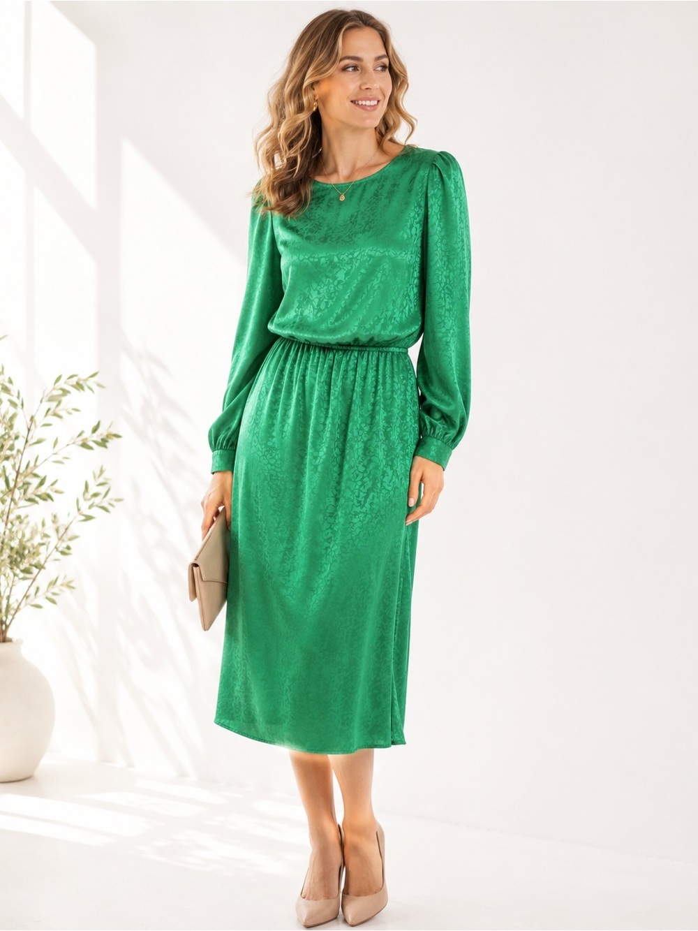 Vintage Adrianna Papell 100% Silk Green Midi Dress 10